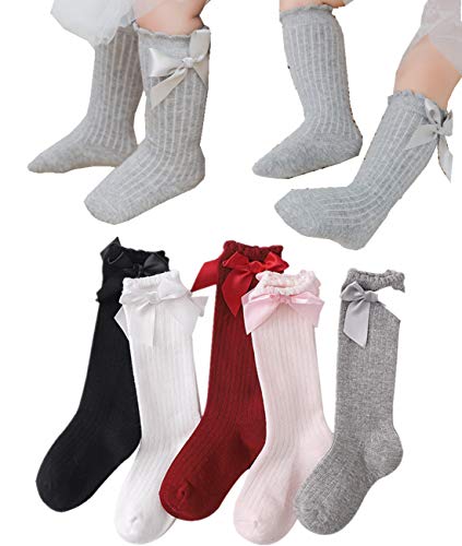 Baby Girls Knee High Socks Newborn Infant Toddlers Bow Tube Ruffled Stockings Princess Frilly Dress Socks (XL(4-7T))