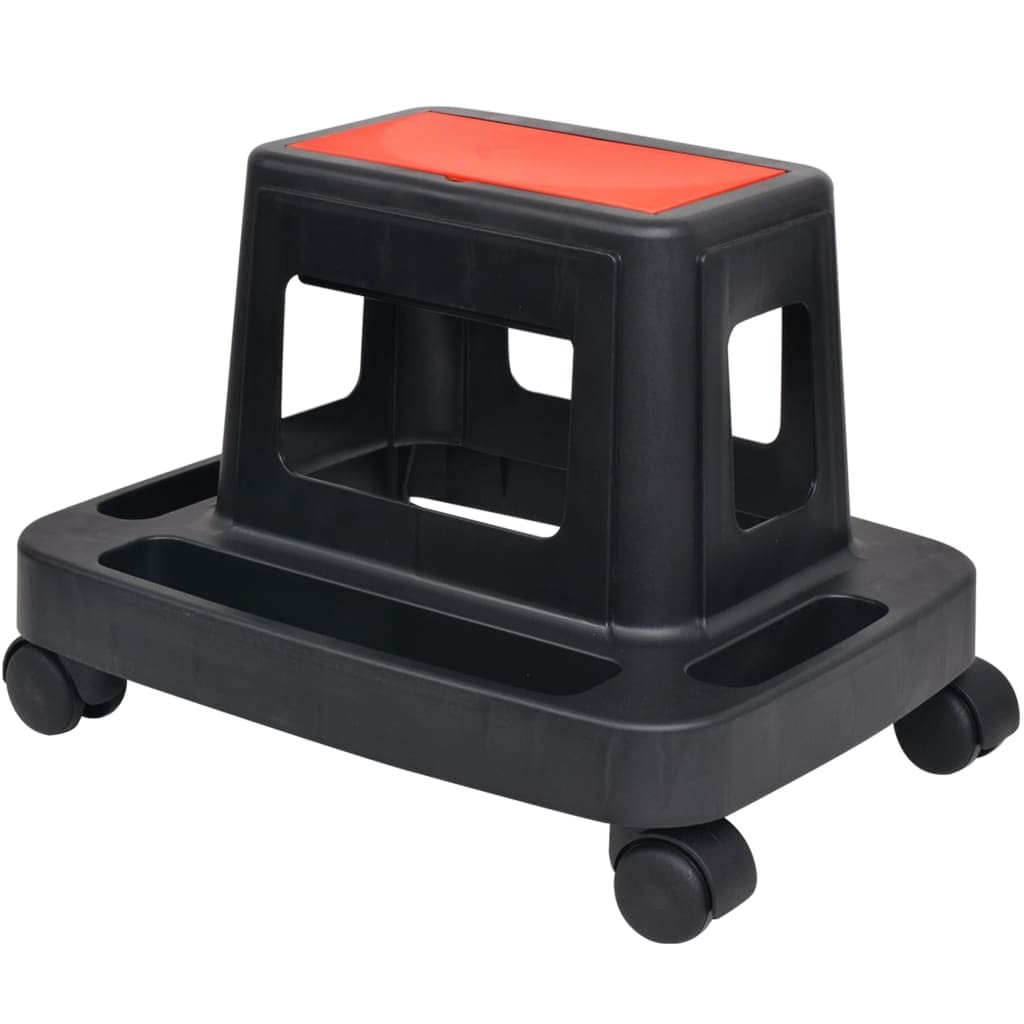 Taboret warsztatowy na kółkach z półką i schowkami, tworzywo sztuczne czarno-czerwone, 45 x 34 x 32 cm, 4 rolki, nośność 150 kg, przechowywanie narzędzi do warsztatu i garażu