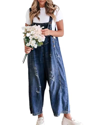 Image of Sukany Women's Vintage Casual Denim Jean Overalls Loose Distressed Bib Dungarees Adjustable Baggy Harem Romper Jumpsuit Pants Navy L
