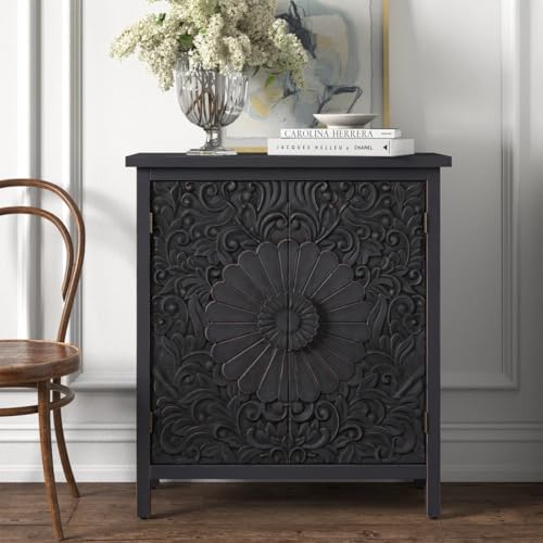 Image of Handicraft Accent Cabinet for Living Room, Mango Wood & Engineered Wood Storage Cabinet, Carved Design, Multiple Styles, 30 x 15 x 30 inches (HOB-Design-2)