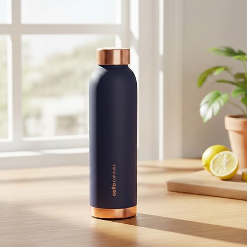 Image of CELLO Evita Copper Water Bottle For Daily & Office Use 700 ml, Blue | Leakproof & Rustproof ISI Certified Single Wall 100% Pure Copper Promotes Immunity, Improve Digestion & Supports Healthy Living