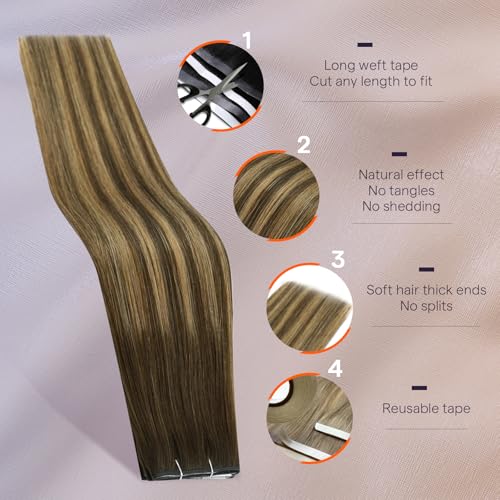 Image of Full Shine Tape in Weft Hair Extensions Human Hair, 24 Inch 50g | Brown to Caramel Blonde Balayage Highlights, Seamless Blend Double Sided Tape Hair Extensions, Natural Length for Short Hair