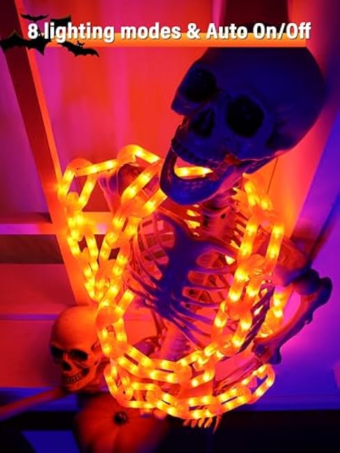 Solar Halloween Decorations Outdoor String Lights - 10 Ft 160 LED Plastic Chain String Lights with Waterproof, 8 Lighting Modes and Timer Function (Orange) US Patent Product