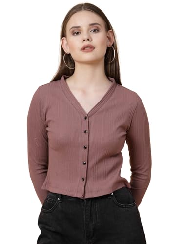 Image of Rigo Casual Wear V Neck Rib Knit Top for Women | Slim Fit Long Sleeves Western Tops for Women
