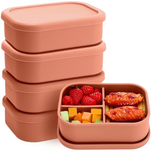 Image of Honeydak 4 Pcs Silicone Bento Box, 3 Compartment Lunch Food Container for Women Men, Leak Proof Microwave Easy to Clean Dishwasher Freezer Safe (Orange)