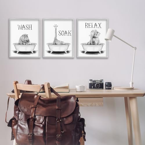 Image of Jungle Animals Bathroom Signage, 16 x 20 Inch Framed Giclee Print Set | Stupell Industries . By Rachel Nieman . Ready to hang . Great for bath and laundry . Made in USA