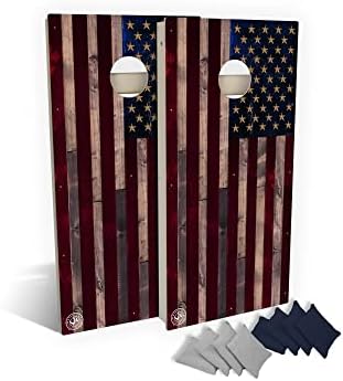 Slick Woody's Full Color Rustic American Flag Cornhole Board Set with 8 Cornhole Bags, Retractable Legs and Back Bounce Brace, Regulation Size