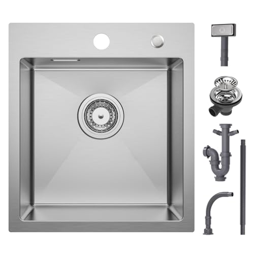 CECIPA Fregadero de Cocina un Seno,40cm*45 cm Incluyendo Con grifo de agua Dispensador de Jabón, Rebosadero y Juego de Desagüe (sin grifo, Acero)