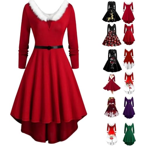 Luadnysin weihnachtskleid Damen Weihnachten Kleid Herbstkleid Ballkleider Abendkleid Langarm Glitzer Lang Ballkleid Rotes Ball Samt Hochzeitsgast...