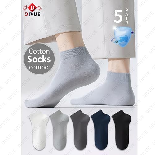 Image of VAIDUE Premium Cotton Ankle Length Socks for Men & Women | Odor-Free, Breathable, Soft & Durable | Multicolor Casual & Sports Wear | Pack of 5 Comfortable Everyday Unisex Socks