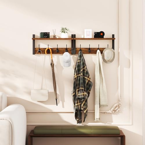 YMYNY Wandgarderoben mit Ablage, 2er Set Wandregal in einem Paket, Garderobenhaken mit 8 Doppelhaken, 80cm für Hüte, Kleidung, Dekoration im Eingang, Flur, Küche, Schlafzimmer, Braun HWS001H-2