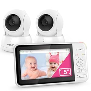 Vtech VM924-2 Video-Babyphone mit 5-Zoll-LCD-Farbbildschirm und 2 Kameras, bis zu 17 h Video- und 31 h reines Audio-Streaming, Nachtsicht, 300m Reichweite, Schwenk-Neige-Zoom-Funktion, Schlaflieder
