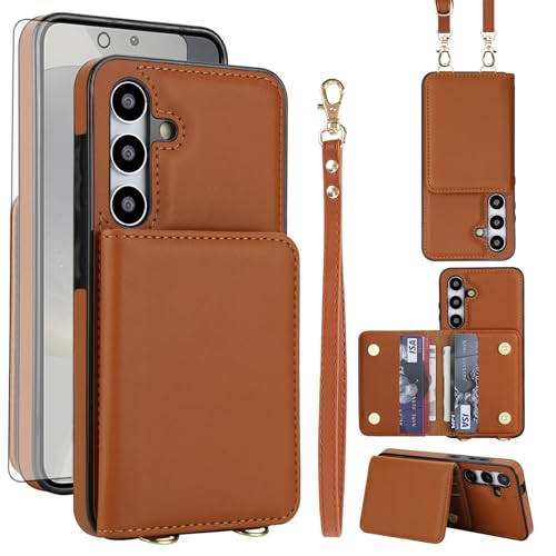 Asuwish Phone Case for Samsung Galaxy S24 FE 5G Wallet Cell Cover with Tempered Glass Screen Protector Wrist Crossbody Strap RFID Blocking Stand Credit Card Holder S 24 EF AI S24FE 24S Women Men Brown