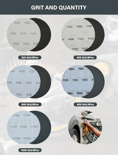 115mm Schleifpapier Körnung 320/400/600/800/1000, 40 Stück Nass und Trocken Schleifscheiben 115mm Klett Schleifblätter für Auto Lackarbeiten Polieren