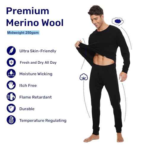 MERINNOVATION Merino Wool Base Layer Set for Men 100% Merino Wool Thermal Underwear Long Sleeve2