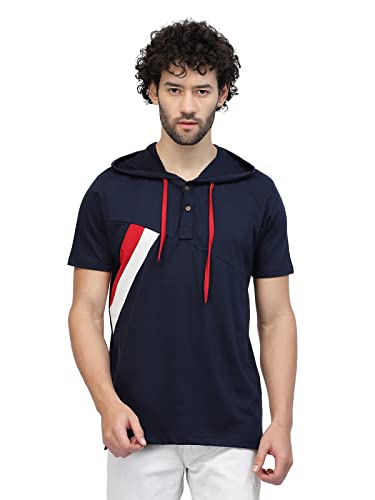 Image of Kalt Men Half Sleeves Cotton Blend Colour Block Hoodie T-Shirt