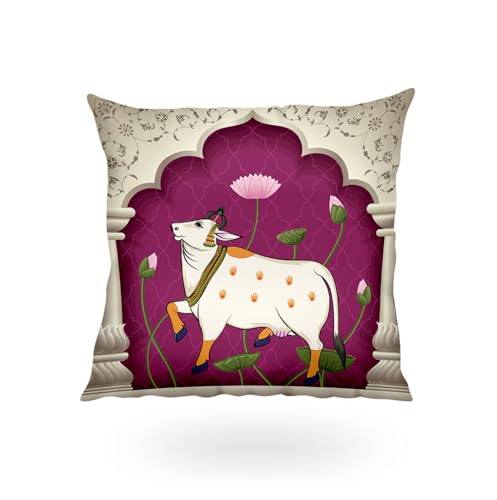 Image of SCPmarts Pichwai Printed Satin Cushion Covers Set of 5 - 16x16 Inch Square Decorative Throw Pillow Covers for Sofa, Living Room, Bedroom & Home Decor (Cow)
