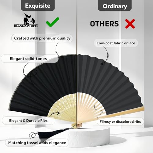 Image of Fabric Handheld Folding Hand Fan With a Tassel Grade A Bamboo Ribs for Women Girls Summer Party Event Favor Birthday Wedding Souvenir Gift (Black)
