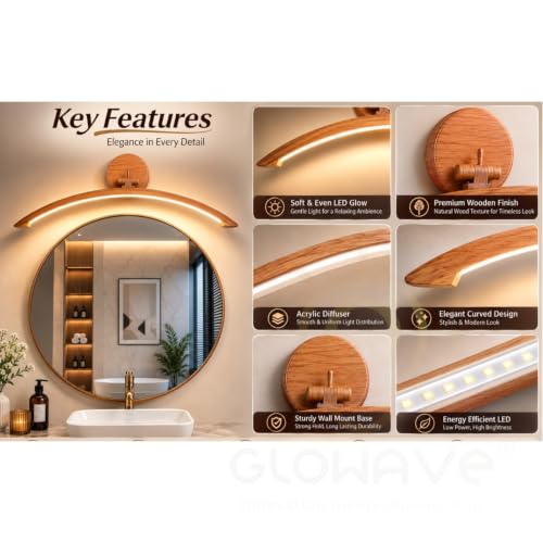 Image of Glowave Modern Curved Wooden Finish LED Mirror Light for Bedroom & Bathroom - Tricolour (Warm White, White, Natural White) (876-WD)