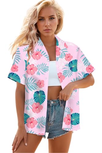 Image of SANGTREE Girls & Women's Hawaiian Shirts Button Down Short Sleeve Floral Tropical Shirt Beach Vacation Blouse Tops
