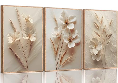 3Pcs Neutral Beige Floral Botanical Canvas Wall art Modern Simple Texture Flower Plant Painting Picture Wall Decor Vintage Blossom Poster Print Artwork for Living Room Bedroom Bathroom Unframed