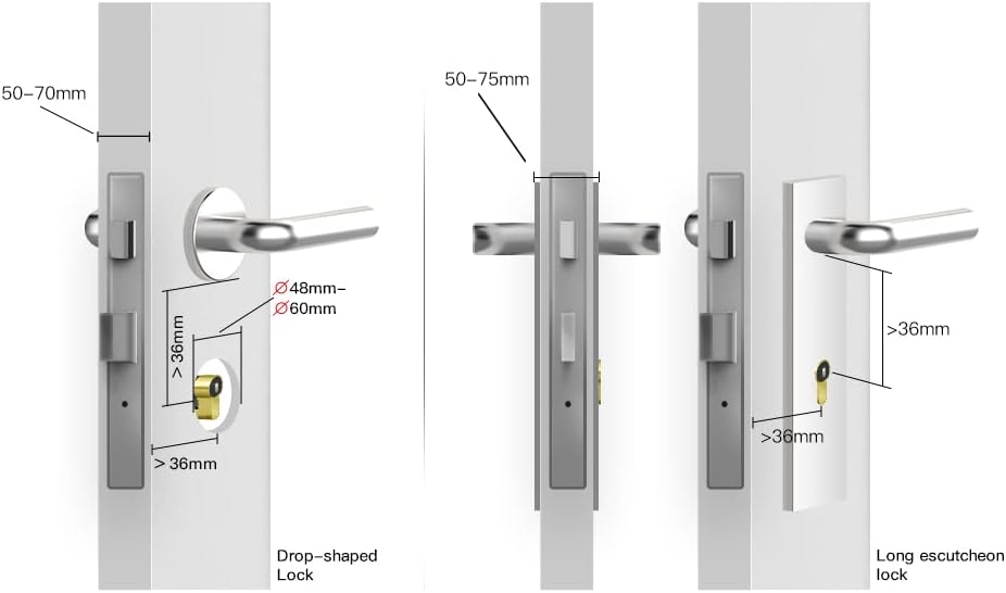 Diagram illustrating compatible door lock dimensions for drop-shaped and long escutcheon locks.