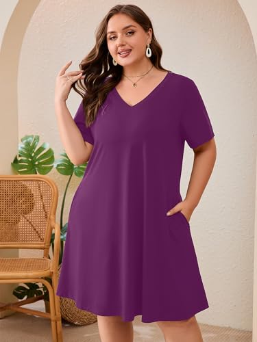 Image of AusLook Plus Size Midi Dress for Women Loose V Neck Short Sleeve Summer Casual A Line T Shirt Sundresses with Pockets 1X-5X