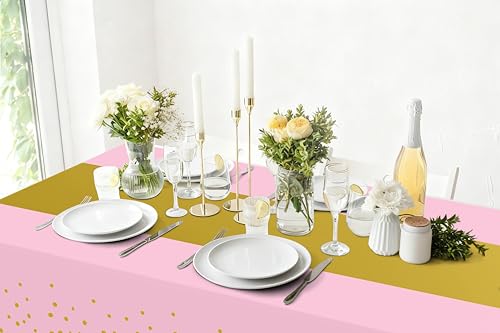 Image of Smiry Plastic Table Cloth Disposable 8 Pack, 54 x 108 Inch Rectangle Waterproof Tablecloth, Printed Gold Table Runner Style for Birthday Weeding, Party Decorations, Leakproof & Sturdy, Pink and Gold