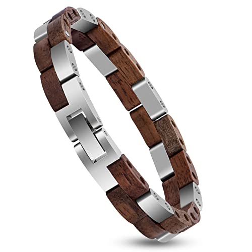 2win Wooden Bracelets for Men Walnut & Stainless Steel Link Chain Fashion Mens Bracelets Bangle Jewelry Gifts - 0.3inches Unique Gifts for Anniversary, Birthday, Weding, Graduation-Walnut-A