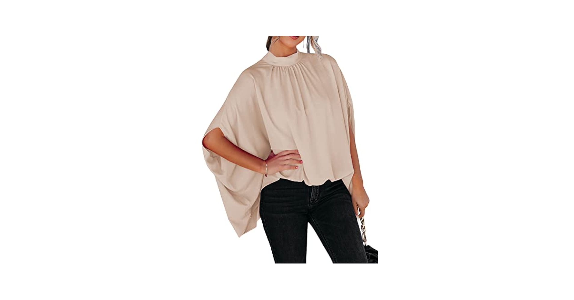 FSHAOES Women's Summer Oversize Blouses Mock Neck Pleated