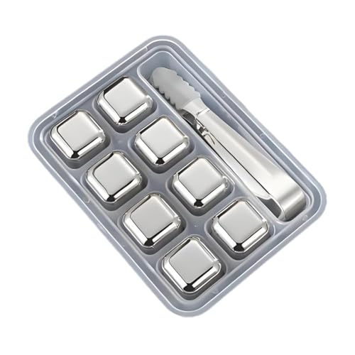 Image of 8 Stainless Steel Whiskey Stones Ice Cubes with Tongs & Container - Food Grade Quick-Frozen Ice for Red Wine, Whiskey, Cocktails - Reusable Metal Ice Cubes for Chilling Drinks