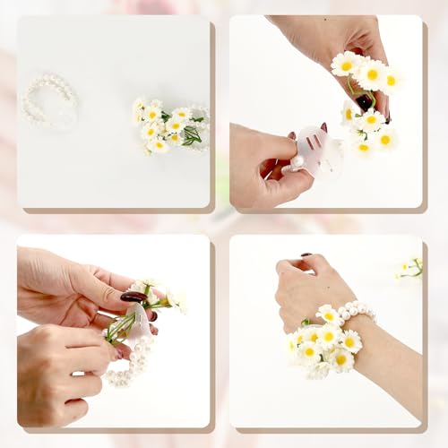 MVVM Corsage Wristlet Band,12pcs Wrist Corsage Bracelets Pearl Stretch Elastic Wristlets for Wedding Party Prom Diy Wrist Corsage Supplies Bride Bridesmaid Hand Flower4
