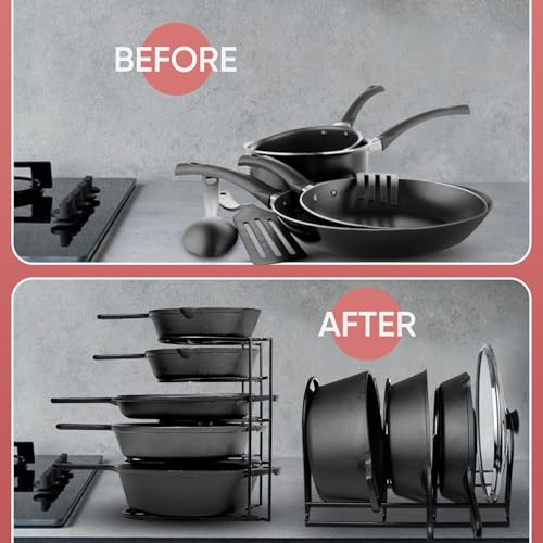 Image of Heavy Duty Pan and Pot Organizer, 5 Tier Rack - Holds Cast Iron Skillets, Griddles and Shallow Pots - Durable Steel Construction - No Assembly Required (5 Tier Rack)