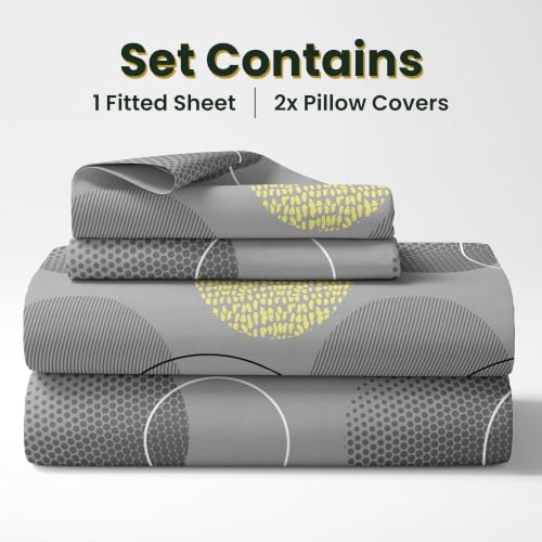 Image of LORETO - A QUALITY LINEN BRAND 144 TC 100% Pure Cotton Double /Queen Fitted Bedsheet with 2 Pillow Covers for 72 x 60 Inch Mattress, All-Around Elastic, 8 Inch Deep Pocket, Grey & Yellow Geometric