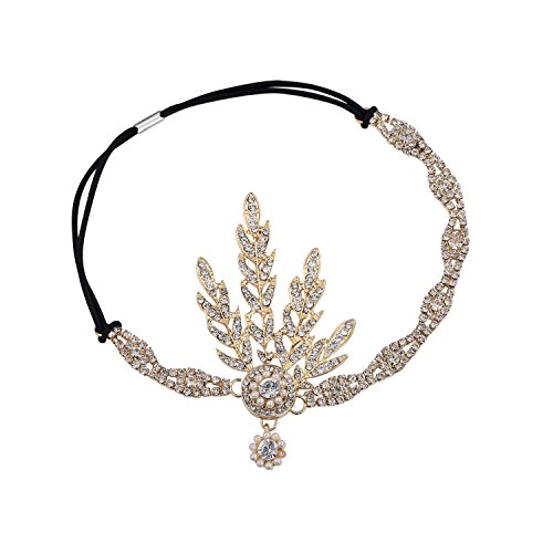 BABEYOND Art Deco 1920's Flapper Great Gatsby Inspired Leaf Medallion Pearl Headpiece Headband Golden - USED LIKE NEW