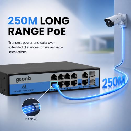Image of Geonix 8-Port Gigabit PoE Switch with 2 Gigabit Uplink RJ45 + 2 SFP Slots, 150W PoE Budget, IEEE 802.3af /at, Unmanaged Ethernet Network Switch for CCTV, IP Cameras, NVR, Access Points, Metal Body