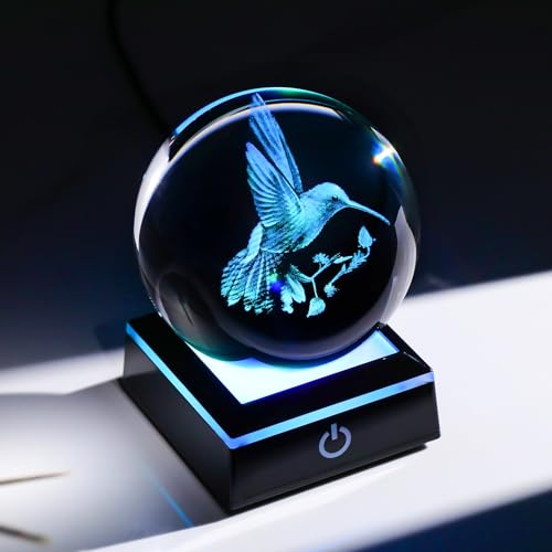 Image of Arikyrist 3D Crystal Ball Hummingbird Figurine with LED Base, Hummingbird Gifts for Women Men on Christmas Birthday, Hummingbird Ornament Glass Decorative Ball for Home Decor (80mm)