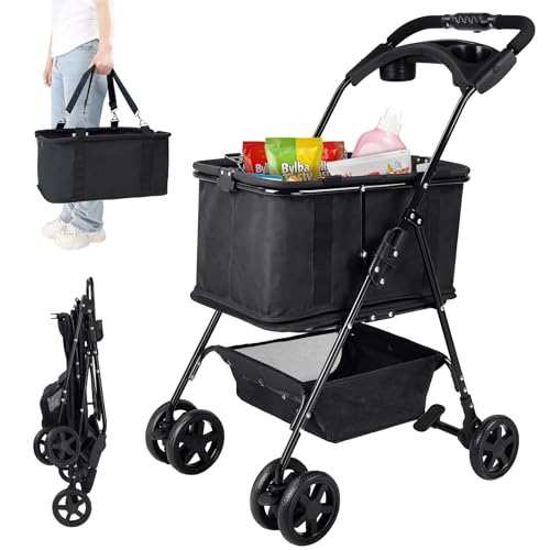 Einkaufstrolley Klappbar mit 52 L Kapazität, bis 25 kg, Schwarz Tuch