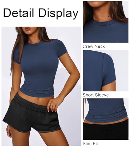 Womens Crew Neck Ribbed Skim Short Sleeve Fitted T Shirts Casual Basic Tight Tees Stretchy Tops for Women3