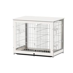 Piskyet Wooden Dog Crate Furniture with Divider Panel, Dog Crate End Table with Fixable Slide Tray, Double Doors Dog Kennel Indoor for Dogs(M:31.8″ L*22.1″ W*26.3″ H,White)