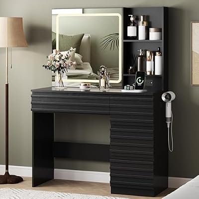 jmhdyg Makeup Vanity Desk with Lights, Fluted Vanity with 4 Drawers, Open Shelves, Power Outlet, LED Lighted Mirror, 3 Lighting Modes & Brightness Adjustable, Wood Dressing Table for Bedroom,Black