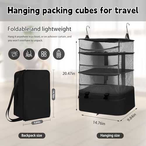 Hanging Packing Cubes for Travel, Oxford 300D fabric hanging storage organizer, can be carried on both shoulders (black, L-1)4