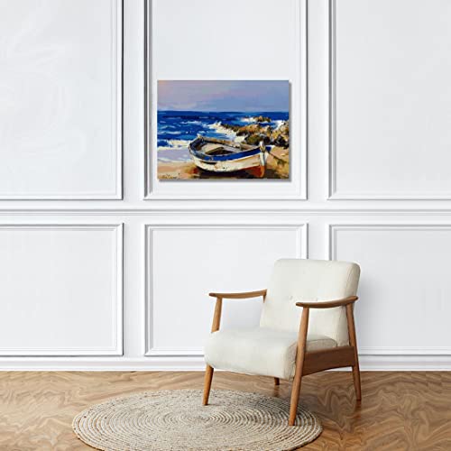 Image of RANGOLI 100% Cotton Stretched Canvas Painting 400 GSM, Framed Boat at the Beach Canvas Abstract Wall Art for Living Room, 3D Paintings for Wall Decor (24 x 36 Inch With Frame)