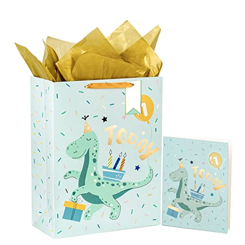 WRAPAHOLIC 16.5" Extra Large 1st Birthday Gift Bag with Card and Tissue Paper - Adorable Dinosaur Design for Baby Boy, Baby Shower, Party