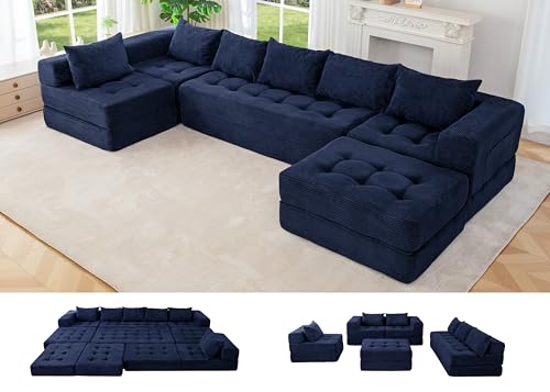 Image of MAXYOYO Modular Sectional Sofa Couch, Foldable U Shaped Cloud Couch with Pillows, Tufted 7-Seat Boneless Lounger Floor Sofa Bed for Living Room, No Assembly Required, Navy