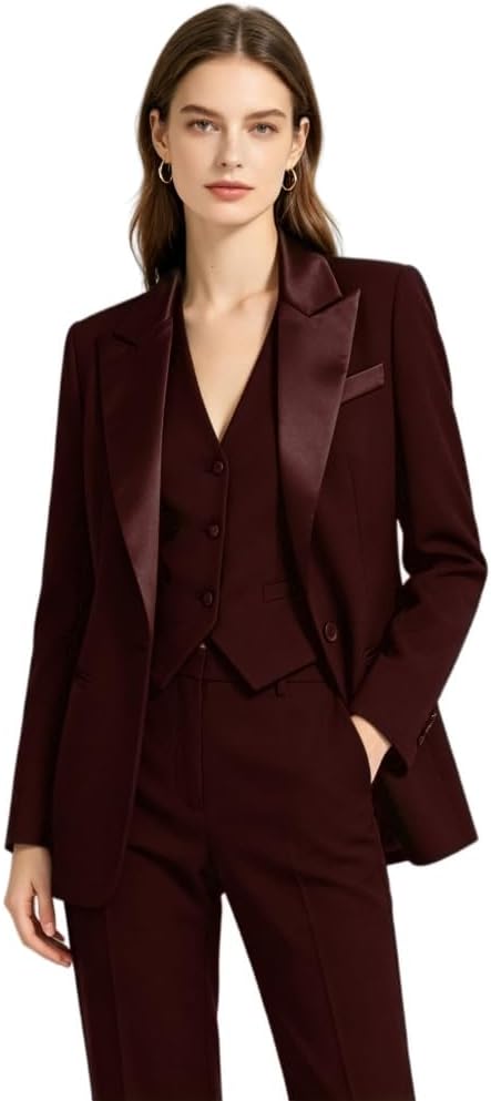 Women 3 Piece Suit Satin Peak Lapel Blazer Vest Pants Formal Wedding Guest Business Interview Trouser Suit Set