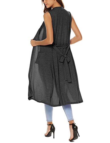 URRU Women Solid Color Sleeveless Asymetric Hem Open Front Drape Long Cardigan Vest Dark Gray M