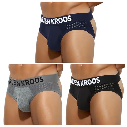 Arjen Kroos Men's Jockstrap Underwear Mesh Athletic Supporter Cotton Jock Strap Briefs,Navy Blue/Grey/Black(3-PACK)-AK2150,Large