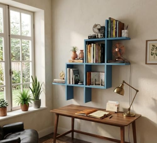 Image of Wooden Wall Shelves for Living Room, Kitchen, Hallway, Bedroom, and Bathroom; Wall Mounted Book Shelf; Wall Shelf for Photos and Decorations; Bend Shelve-Sky