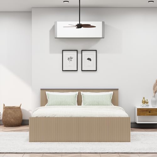 Image of Bniture Modern Queen Size Bed with Storage Box | Engineered Wood Bed 3D Textured Panels | Dual Tone Cupboard for Bedroom | Wooden Bed Queen Beds Storage (Grey & Giant Wood, Queen)